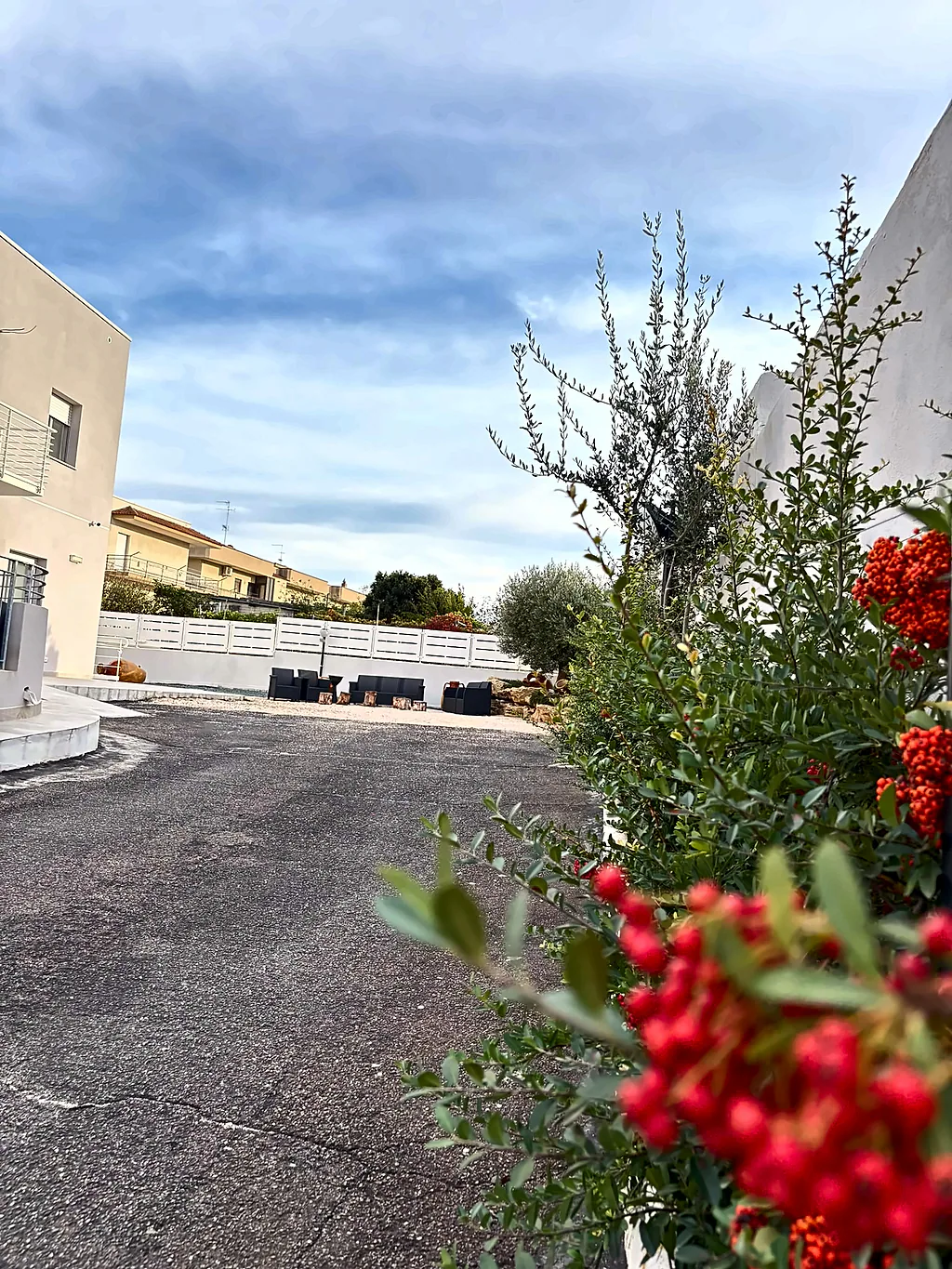 Il cortile asfaltato all'interno del cancello, con la recinzione bianca e i divanetti sul fondo; in primo piano un arbusto con bacche rosse