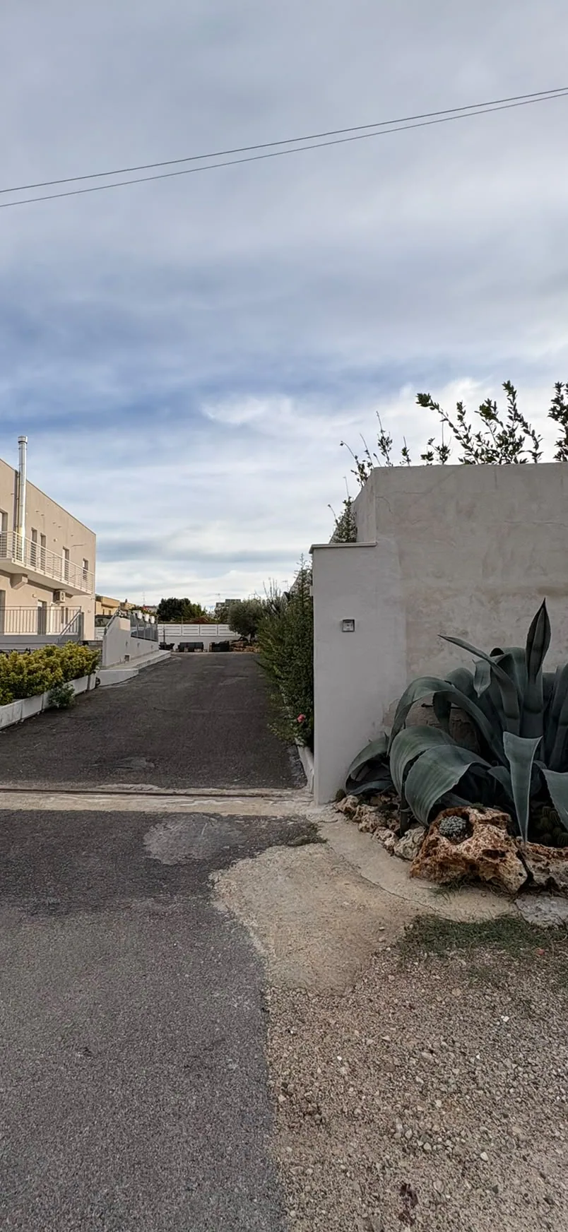 L'ingresso carrabile visto dalla strada: il vialetto asfaltato verso il cortile, con la casa sulla sinistra e un muro bianco con un'agave a destra